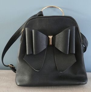 Mini Backback Purse Black Faux Leather With Bow